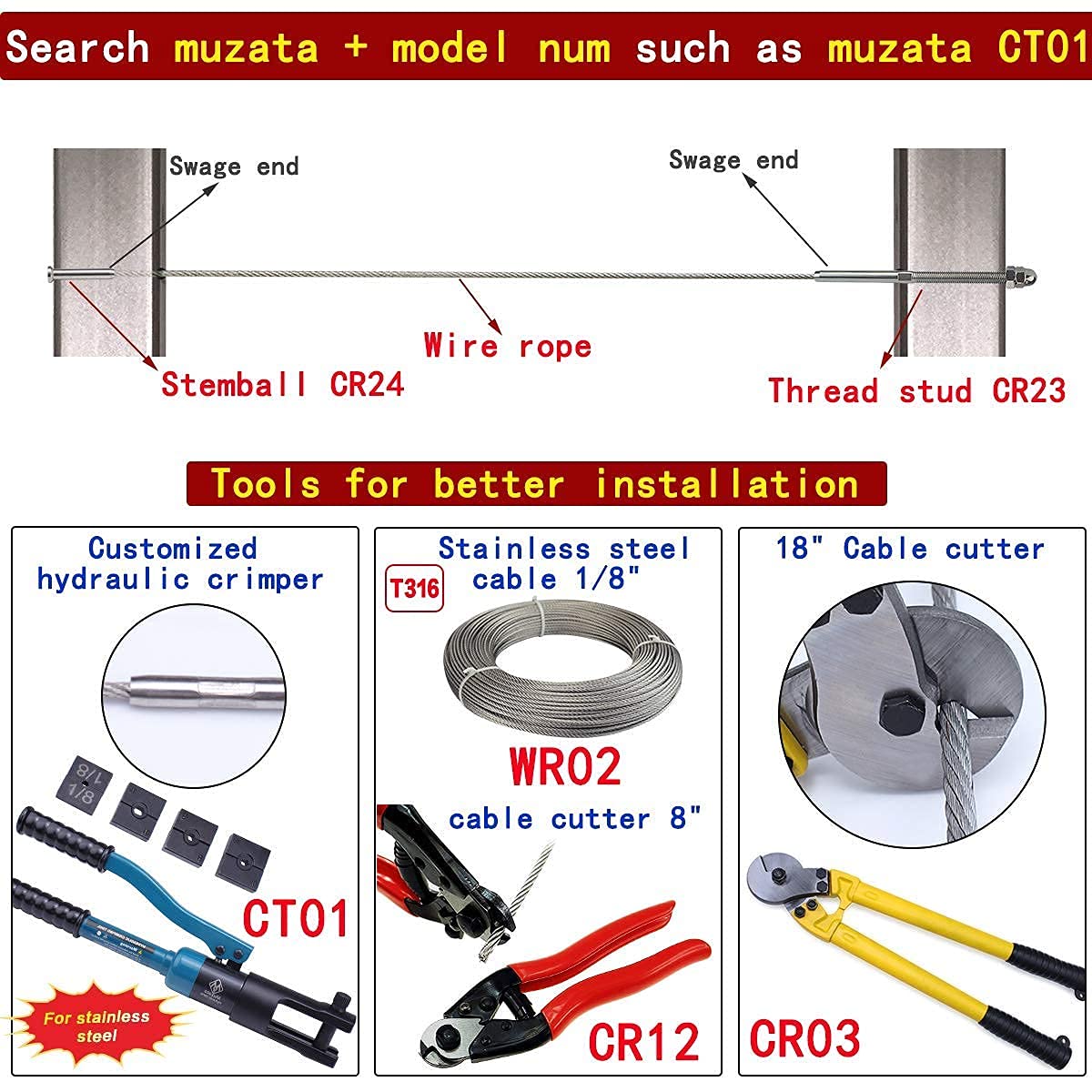 60Pack 1/8" Cable Railing Kit T316 Stainless Steel F753583