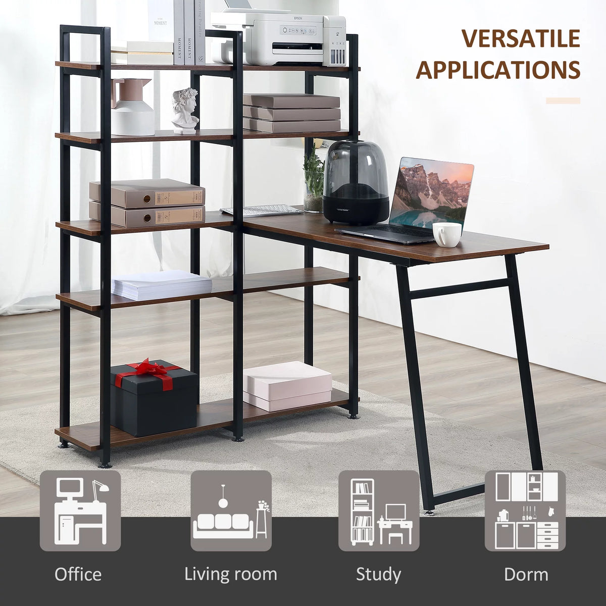 Black Walnut L-Shaped Computer Desk with Display Shelves O9547
