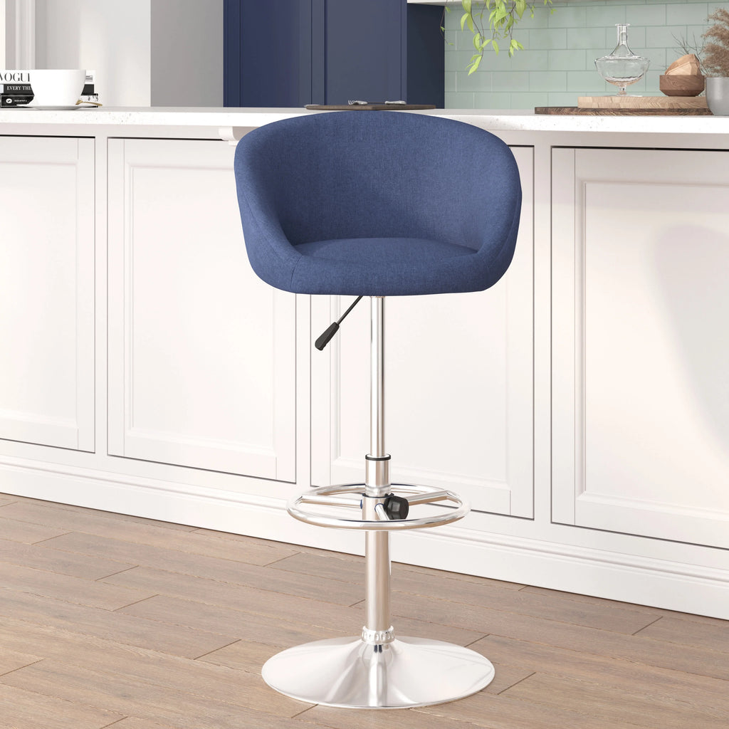 Blue Fabric Adjustable Height Barstool with Barrel Back and Chrome Base J446333