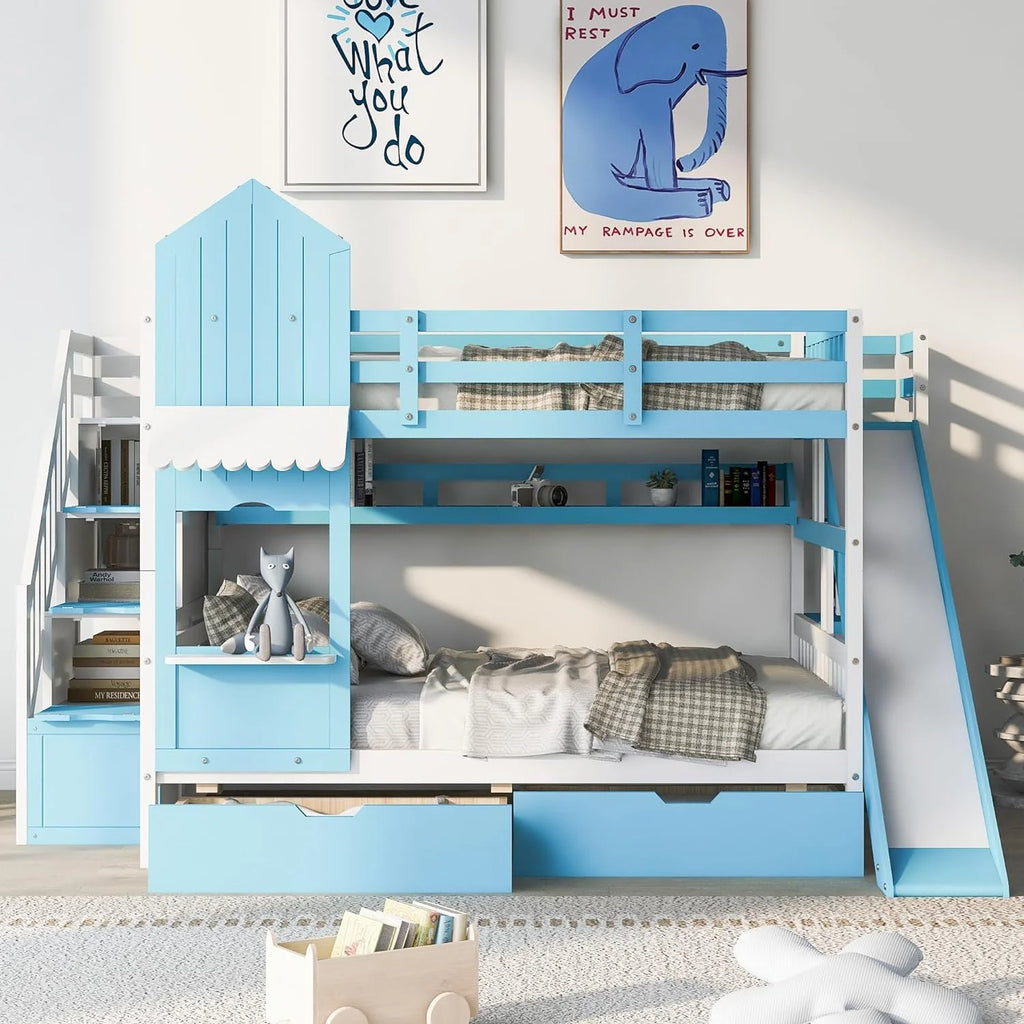 Wooden Bunk Bed with Slide Storage Stairs 2 Drawers 3 Shelves N36744