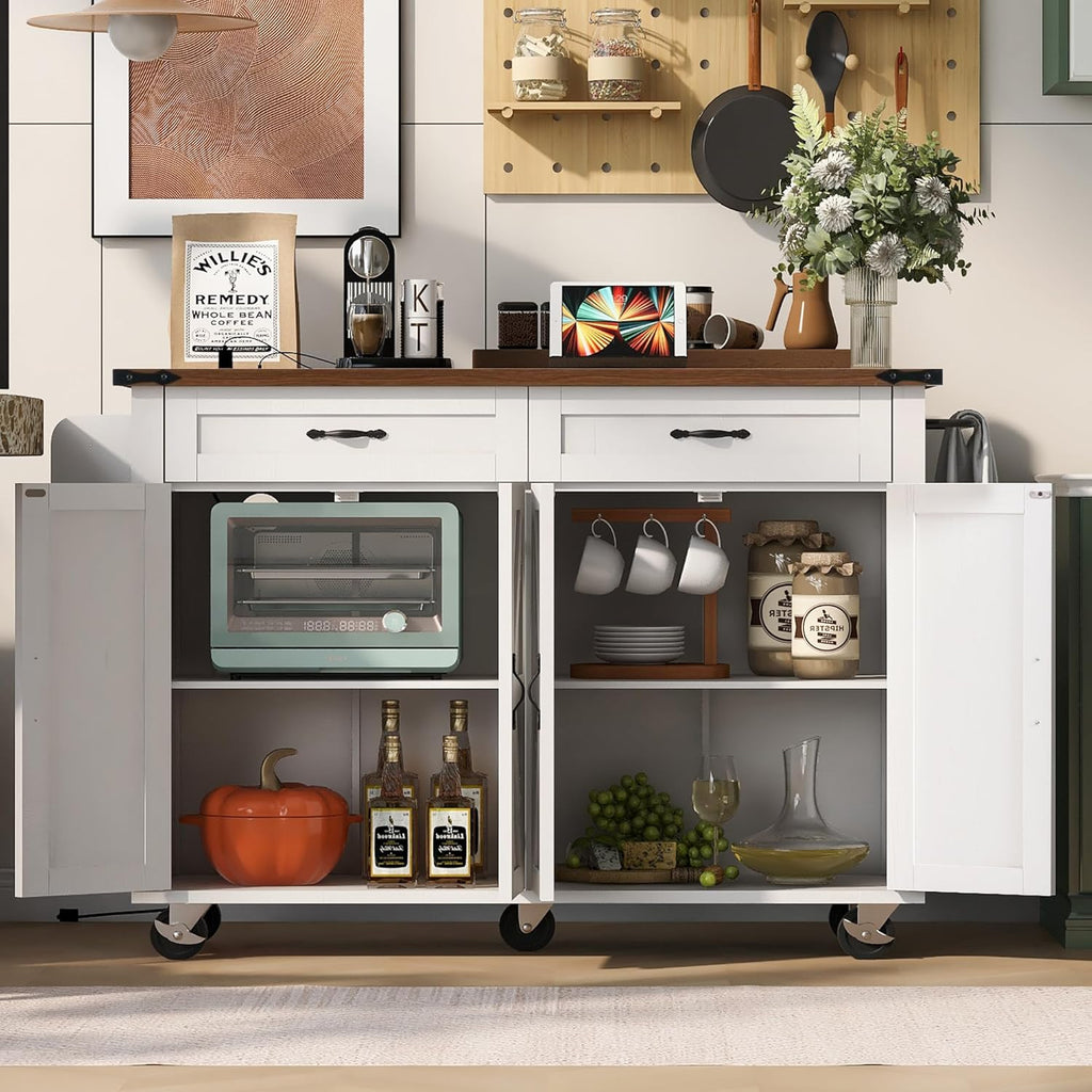 White Kitchen Island with Power Outlet, Drop Leaf and Spice Rack A891