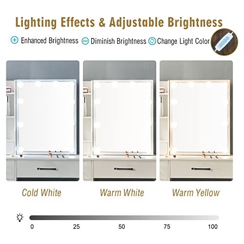 White Vanity Desk with Makeup Mirror and 10 Lights, 3 Color Mode Dimmable Sliding Lighted Mirror, 6 Large Drawers and 3 Level Storage Shelves, Upholstered Stool E622