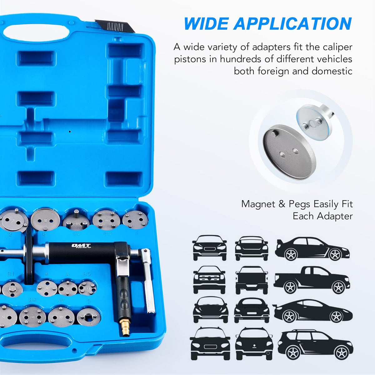 23pc Pneumatic Brake Caliper Compression Tool with 22 Disc Adapters and 2 Caliper Hangers O7837