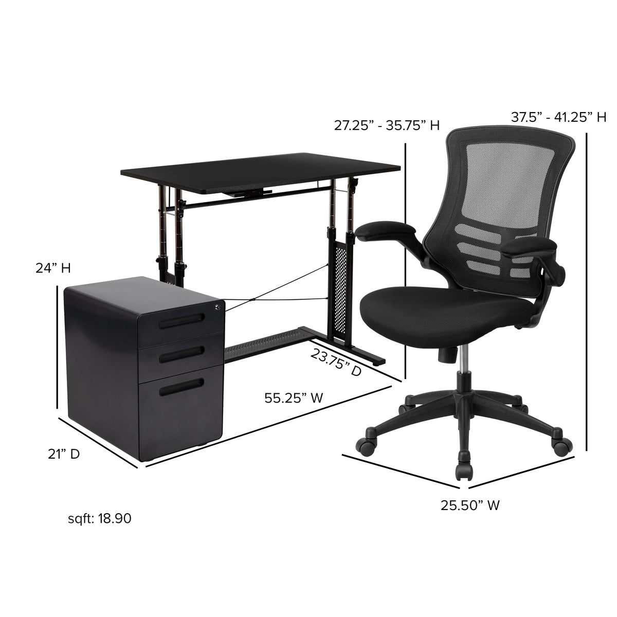 Adjustable Computer Desk, Ergonomic Mesh Office Chair and Mobile Filing Cabinet E485470