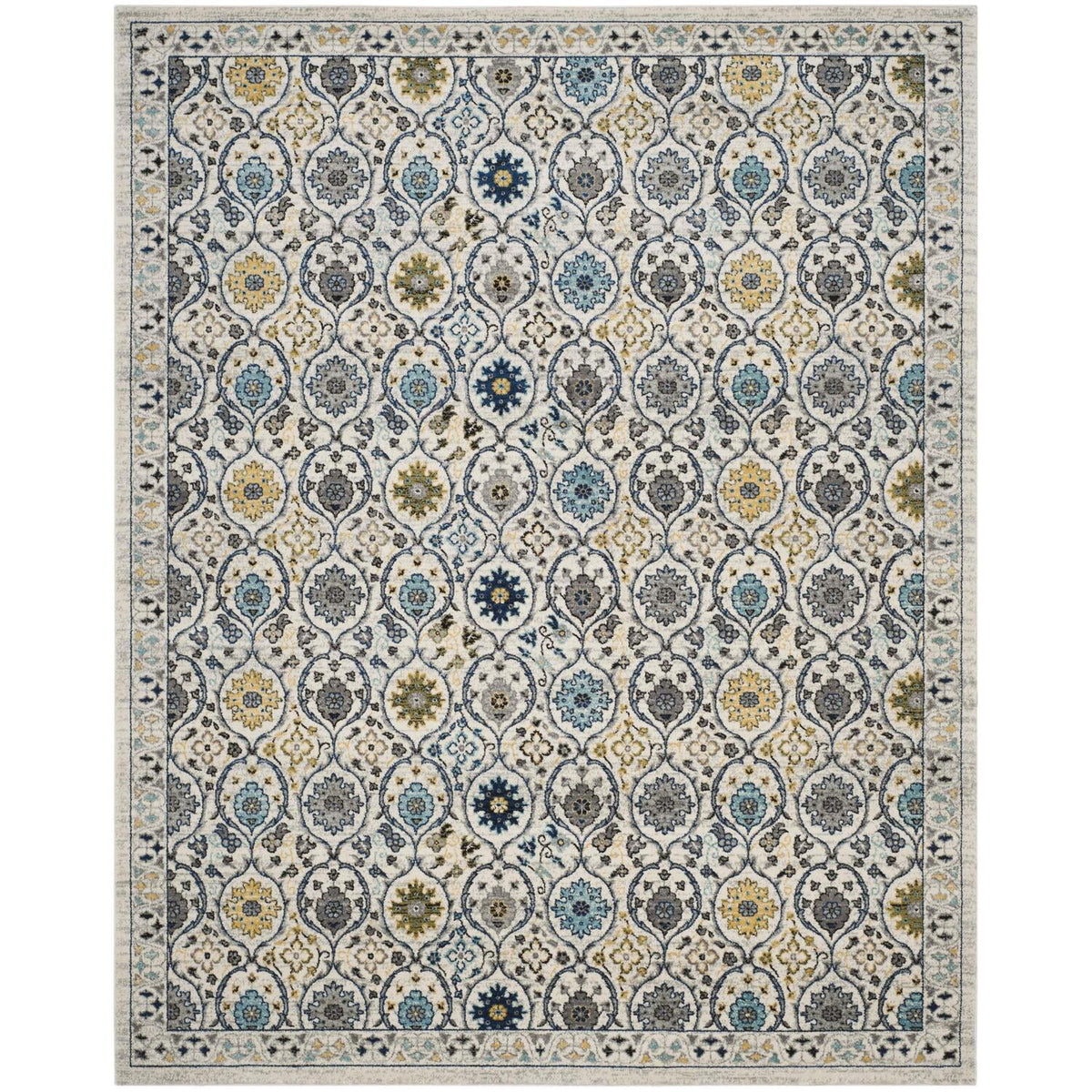 Ivory Blue Floral Geometric Area Rug 8' x 10' I76993