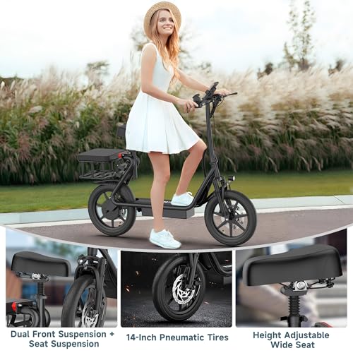 Electric Scooter with Seat, 500W Motor, 14'' Tires, Foldable E-Scooter with Suspension O8023