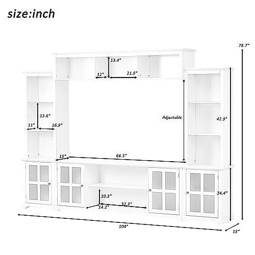 White 104" Wide Entertainment Wall Unit with Storage Cabinets and Shelves T954