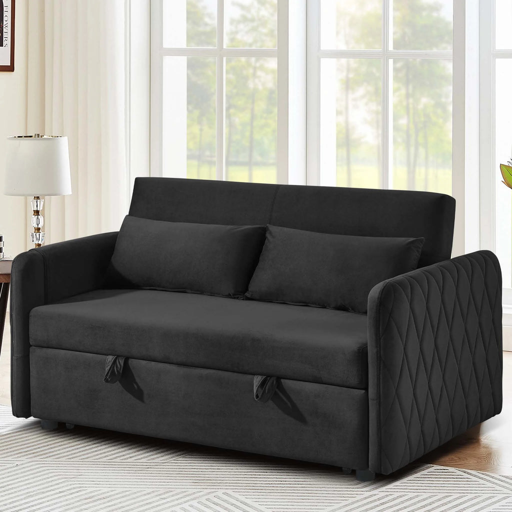 Black Pull Out Loveseat Sofa Bed with 2 Detachable Arm Pockets V13103