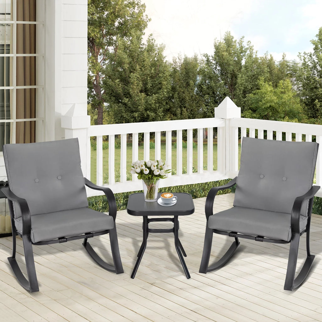 3-Piece Black Metal Rocking Chairs and Table with Brown Cushions O249