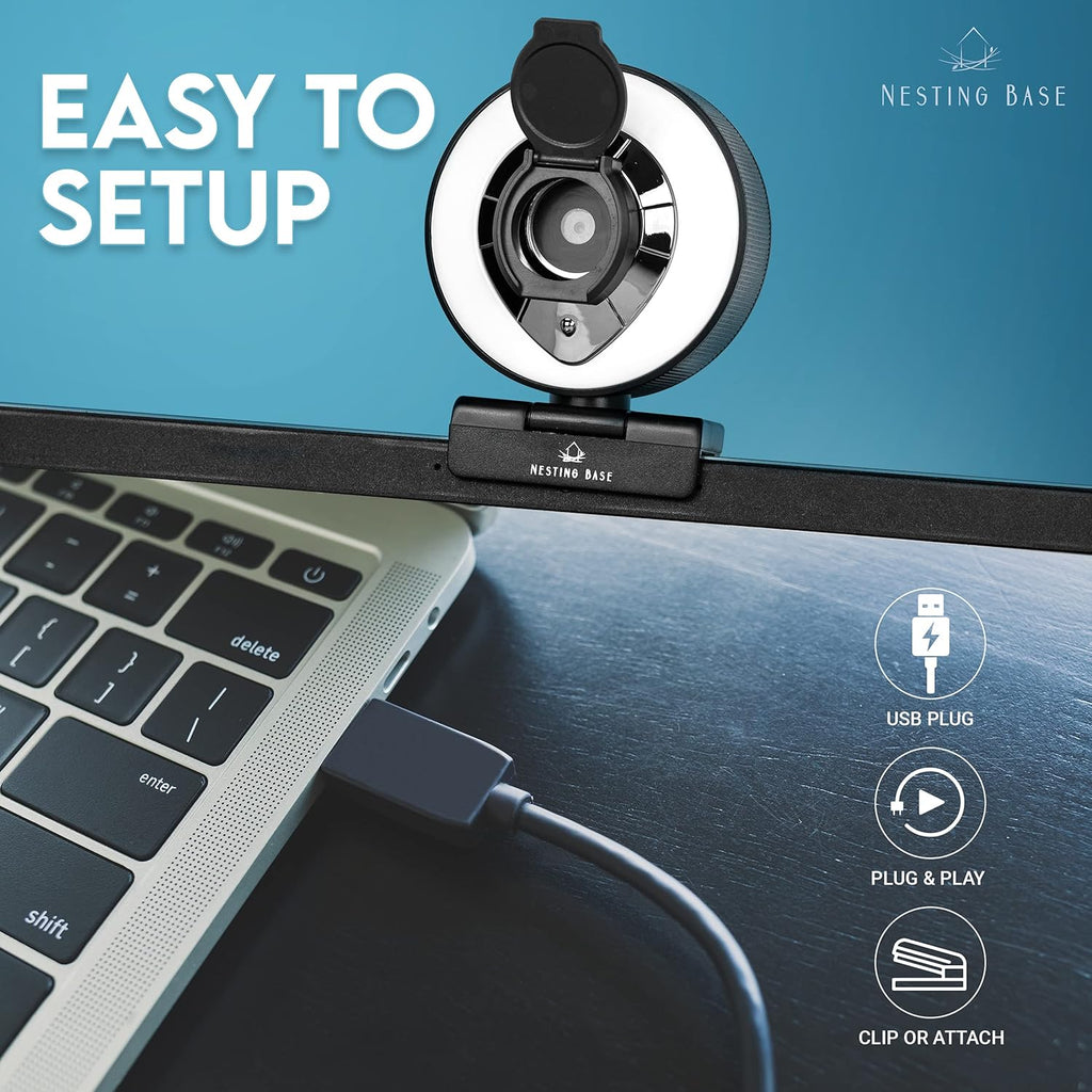 Webcam with Ring Light, Microphone, Privacy Cover, 1080p Auto Focus K64812