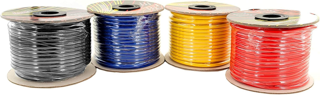 10 Gauge Stranded Copper Clad Aluminum Primary Wire, Red Black Blue Yellow 100 feet Roll K9734