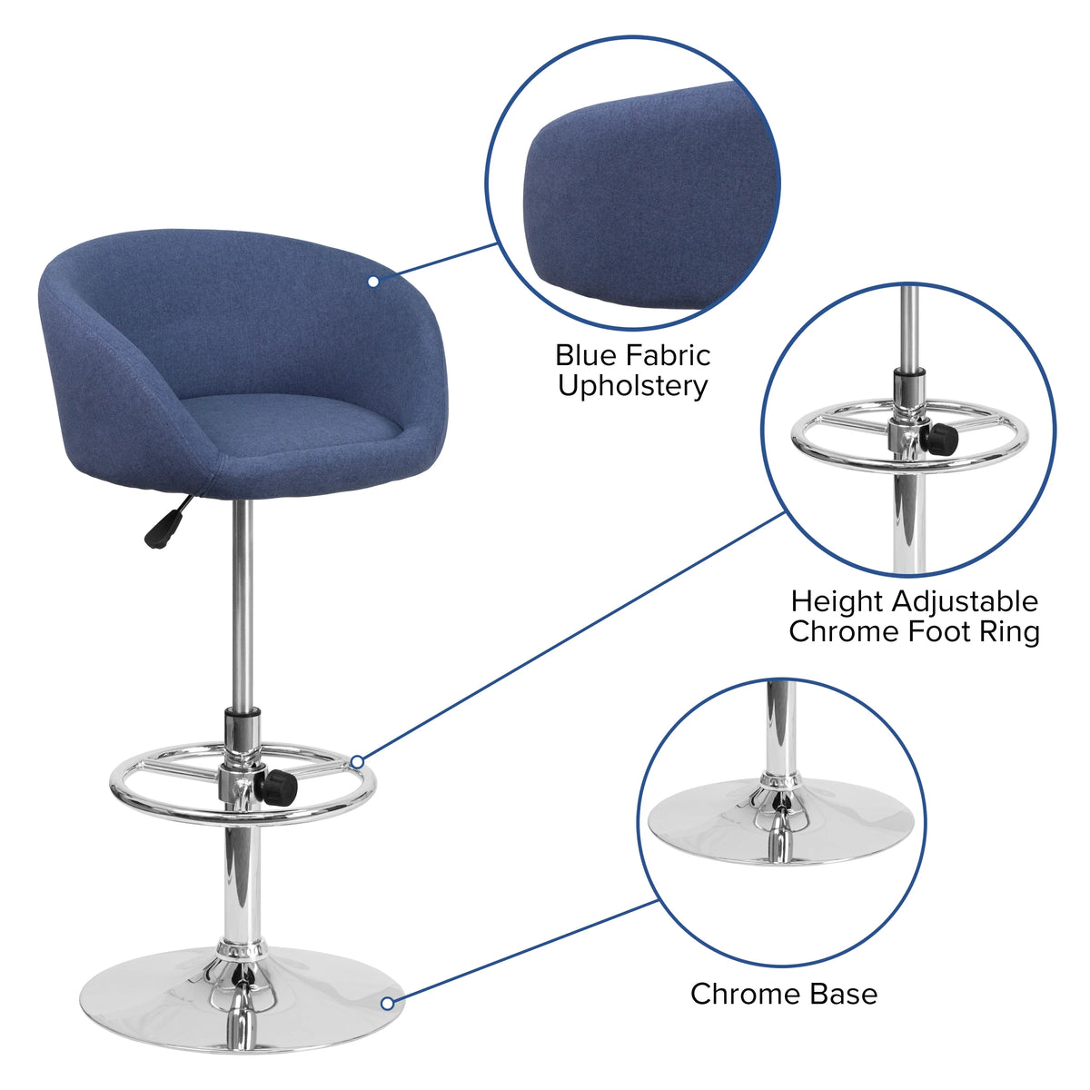 Blue Fabric Adjustable Height Barstool with Barrel Back and Chrome Base J446333