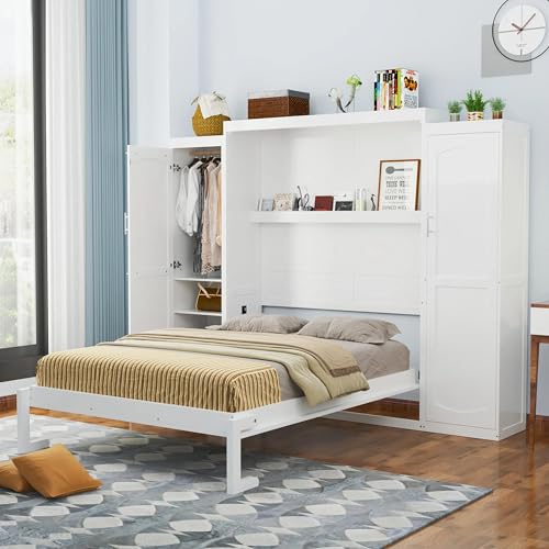 White Queen Size Foldable Platform Bed with 2 Wardrobe and Storage Shelf I823
