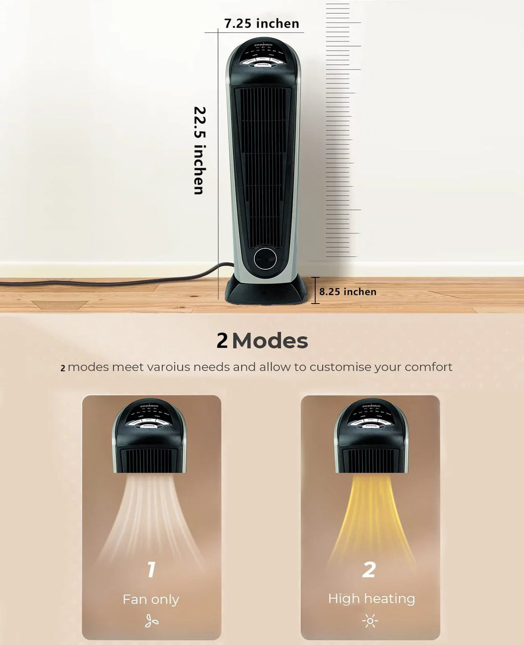 Oscillating Tower Space Heater with Adjustable Thermostat Timer & Remote Control, 22.5 Inches 1500W Grey/Black I6699