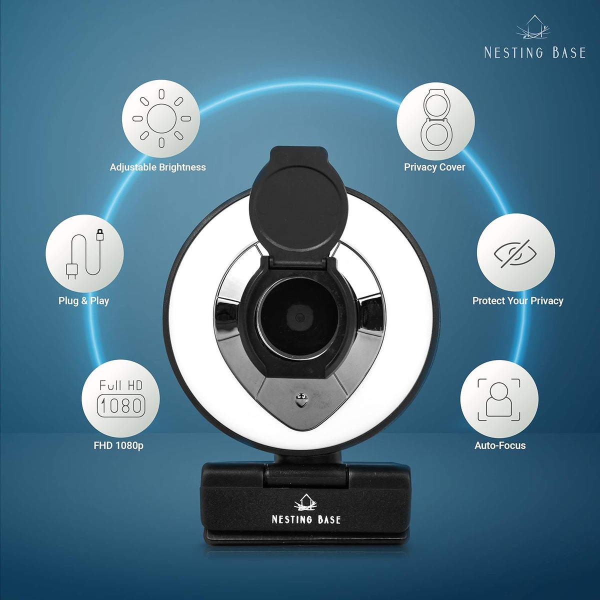 Webcam with Ring Light, Microphone, Privacy Cover, 1080p Auto Focus K64812