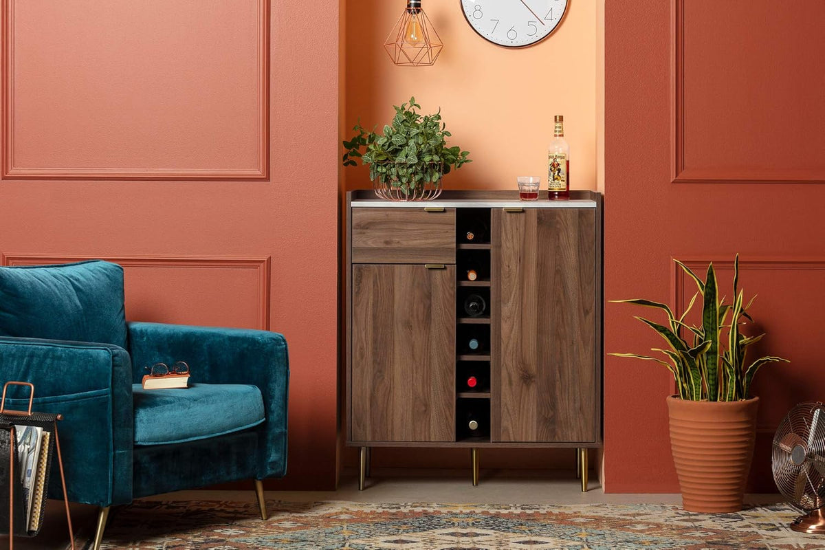 Natural Walnut Buffet with Faux Carrara Marble R387794