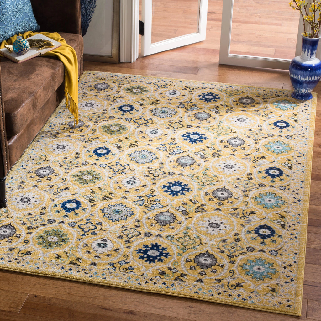 Ivory Blue Floral Geometric Area Rug 8' x 10' I76993