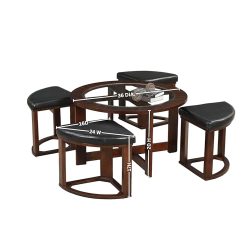 Solid Wood Glass Top Round Coffee Table with 4 Stools E370