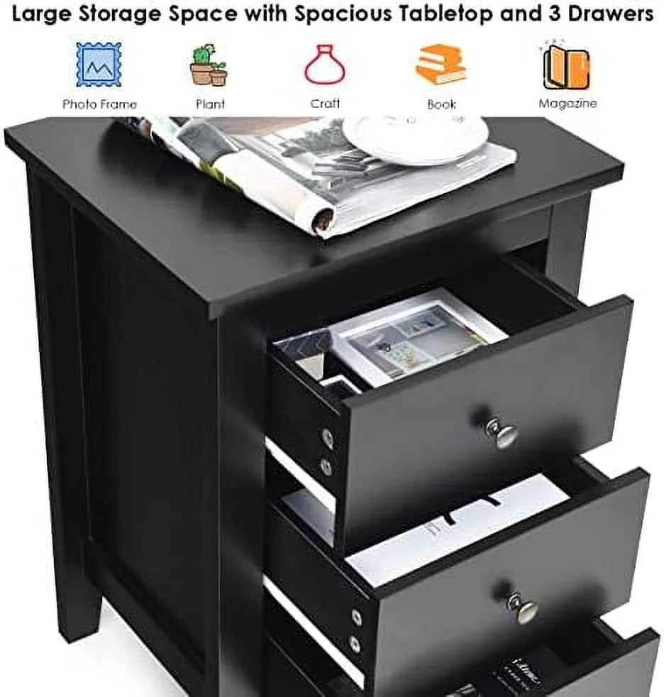 White 3 Drawer Wood Nightstand D837