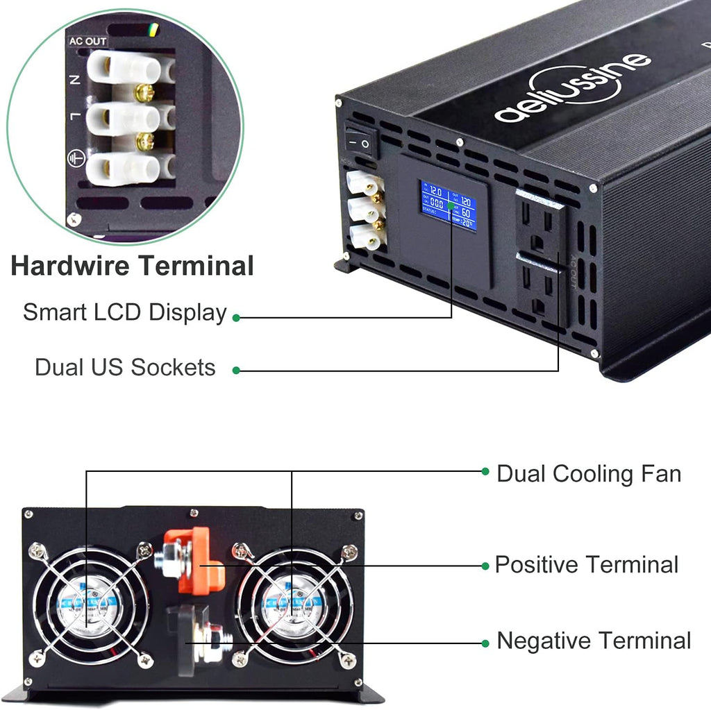 2000W Pure Sine Wave Power Inverter 48V DC to AC 110V 120V with Hardwire Terminal LCD Display Q71466