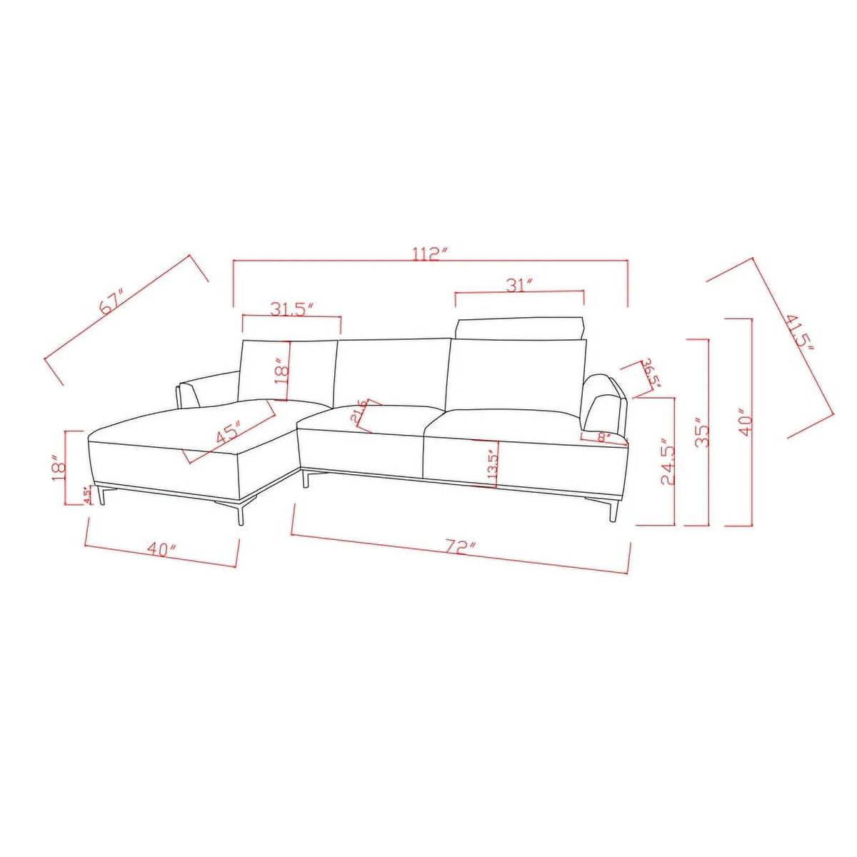 Modern Lucca Sectional Sofa with Push Back Functional Right Facing S80146