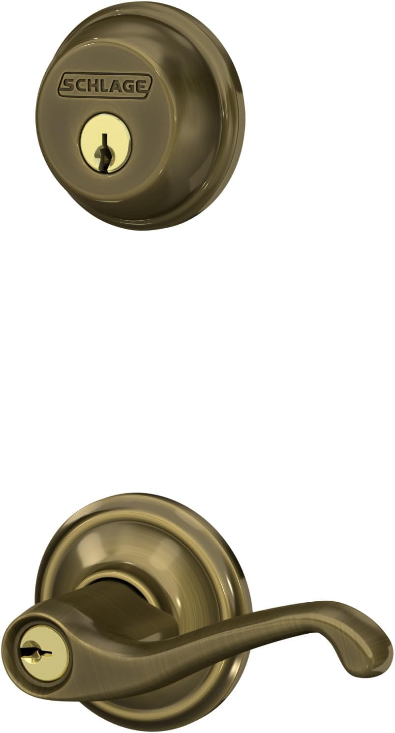 Antique Brass Single Cylinder Deadbolt and Keyed Entry Lever H873