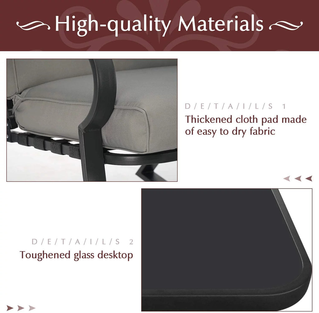 3-Piece Black Metal Rocking Chairs and Table with Brown Cushions O249
