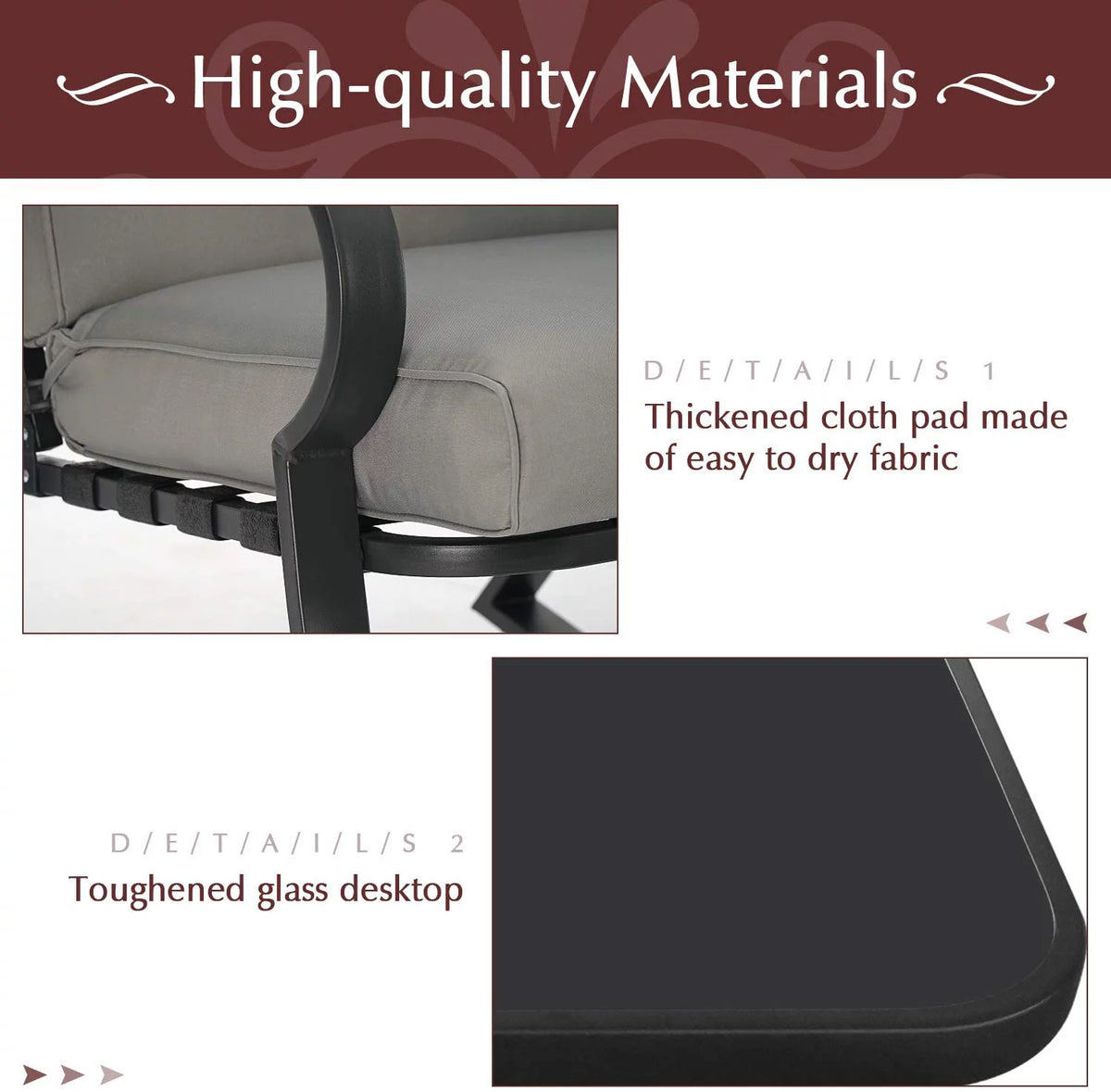 3-Piece Black Metal Rocking Chairs and Table with Brown Cushions O249