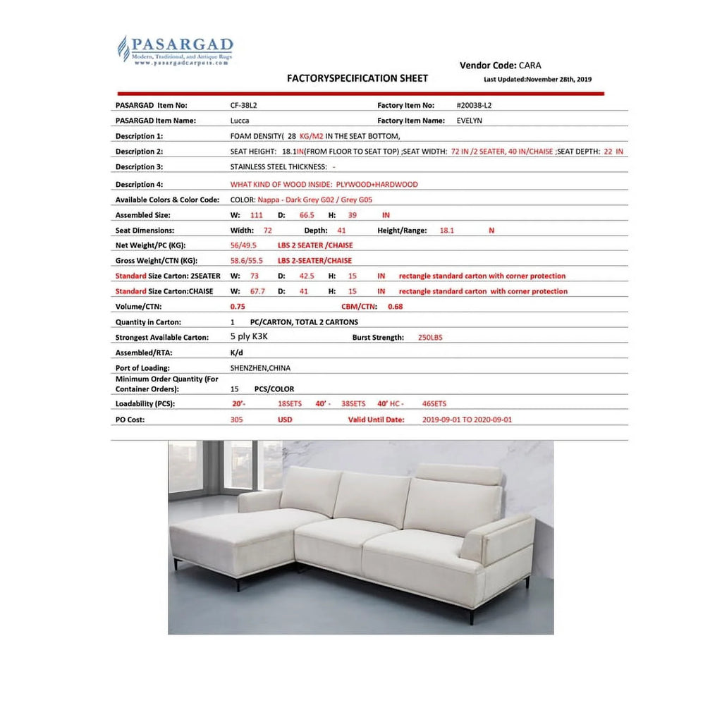 Modern Lucca Sectional Sofa with Push Back Functional Right Facing S80146