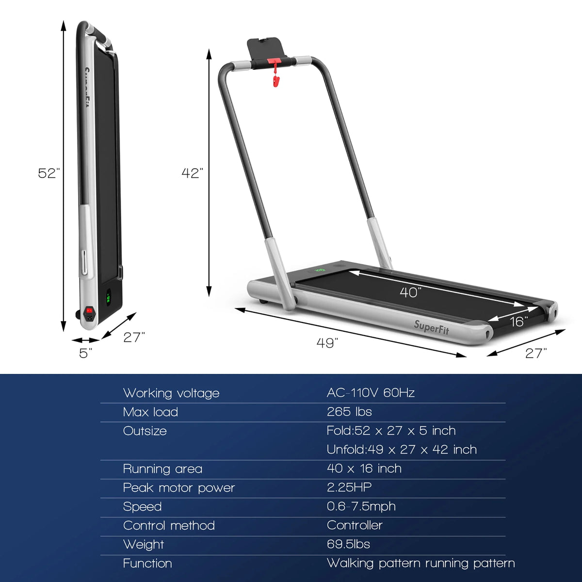 2.25HP 2-in-1 Folding Under Desk Treadmill A3543