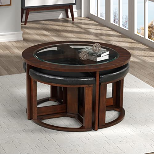 Solid Wood Glass Top Round Coffee Table with 4 Stools E370