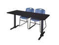 60x22 Training Table Mocha Walnut and 2 Stack Chairs Blue X2743