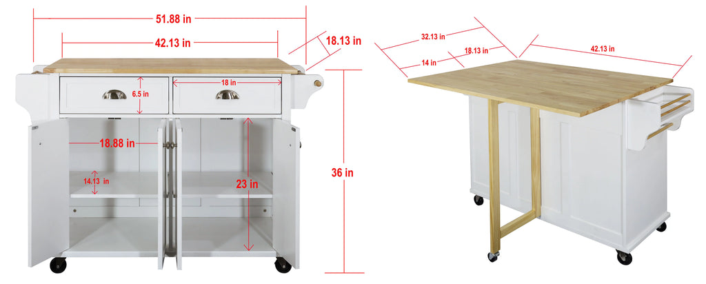 Rolling Kitchen Island Cart with Drop Leaf, 2 Drawers, Spice Rack W241