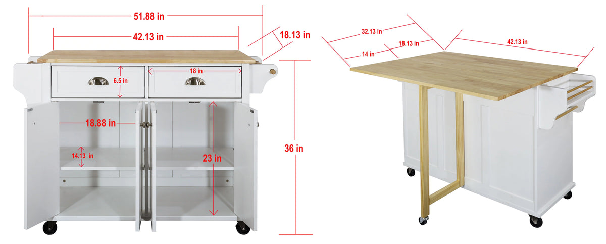 Rolling Kitchen Island Cart with Drop Leaf, 2 Drawers, Spice Rack W241