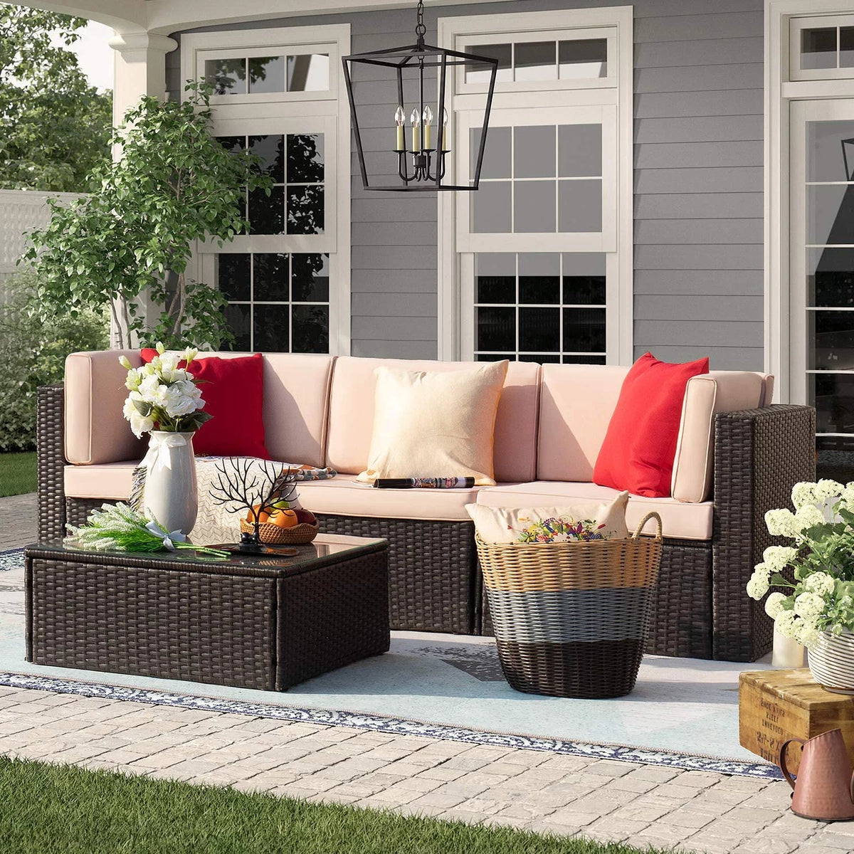 4 Pieces All Weather Patio Sectional Sofa with Cushion and Glass Table E874065