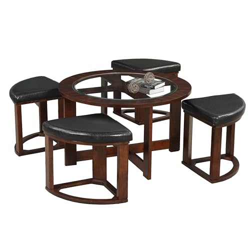 Solid Wood Glass Top Round Coffee Table with 4 Stools E370