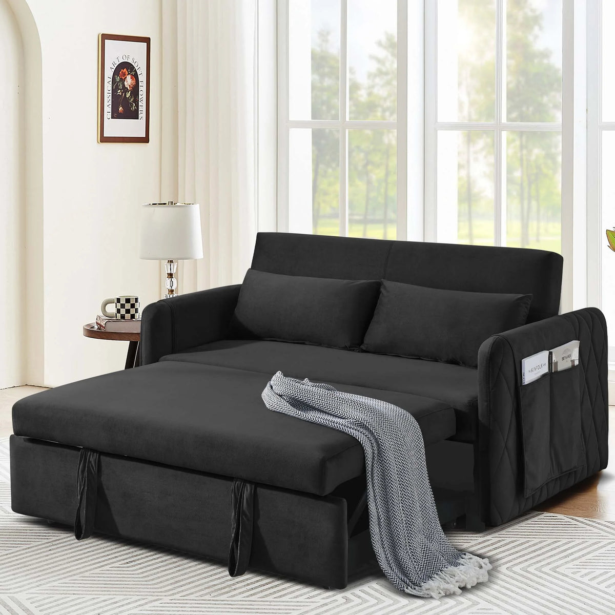 Black Pull Out Loveseat Sofa Bed with 2 Detachable Arm Pockets V13103