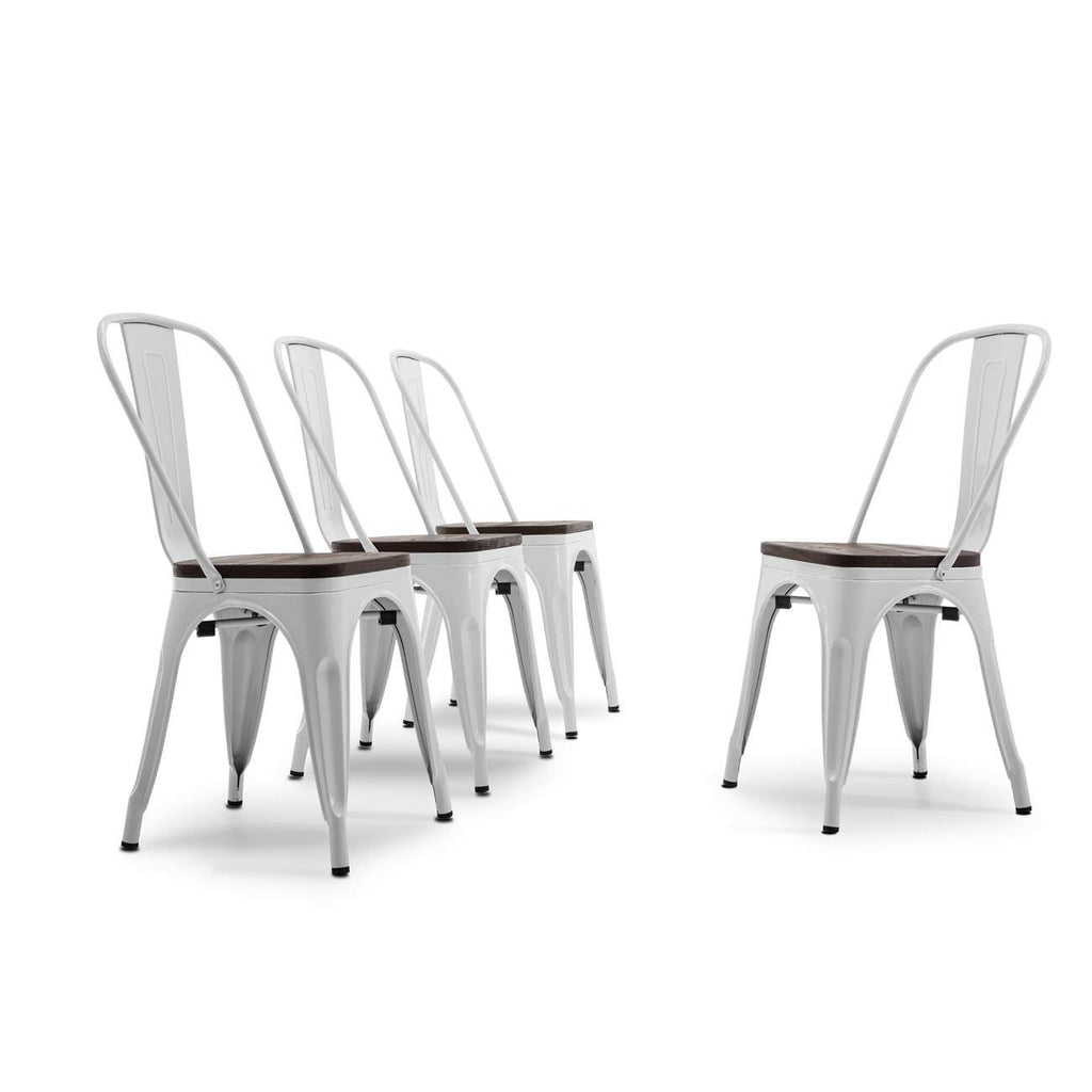 Set of 4 White Wood Seat Metal Bistro Dining Chairs Y725