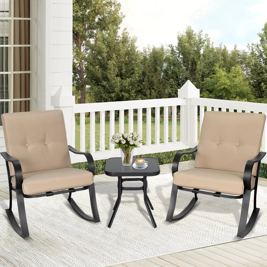 3-Piece Black Metal Rocking Chairs and Table with Brown Cushions O249