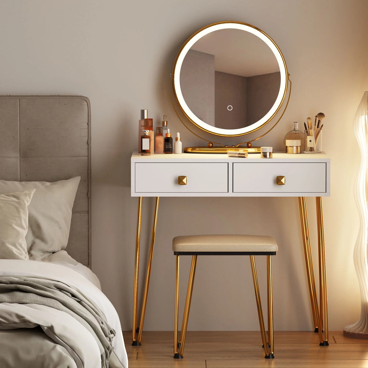 White Vanity Dressing Table with Round Mirror I979359