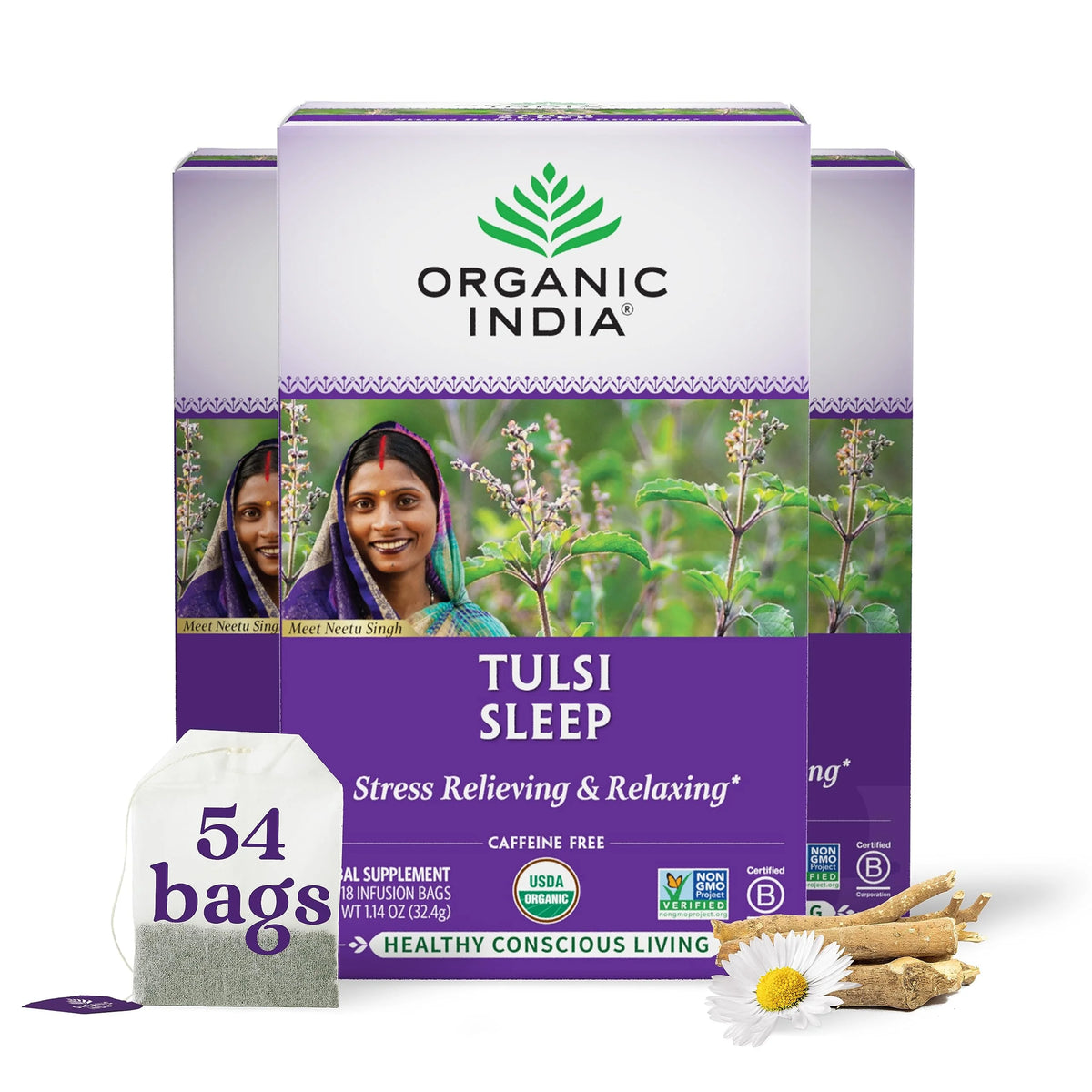 Organic Tulsi Sleep Herbal Tea, Caffeine-Free, 18 Infusion Bags, 3 Pack R5212