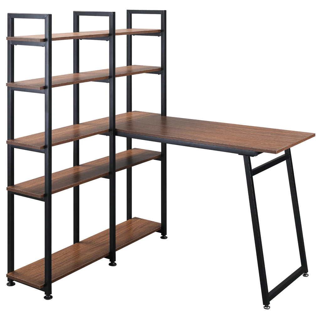 Black Walnut L-Shaped Computer Desk with Display Shelves O9547