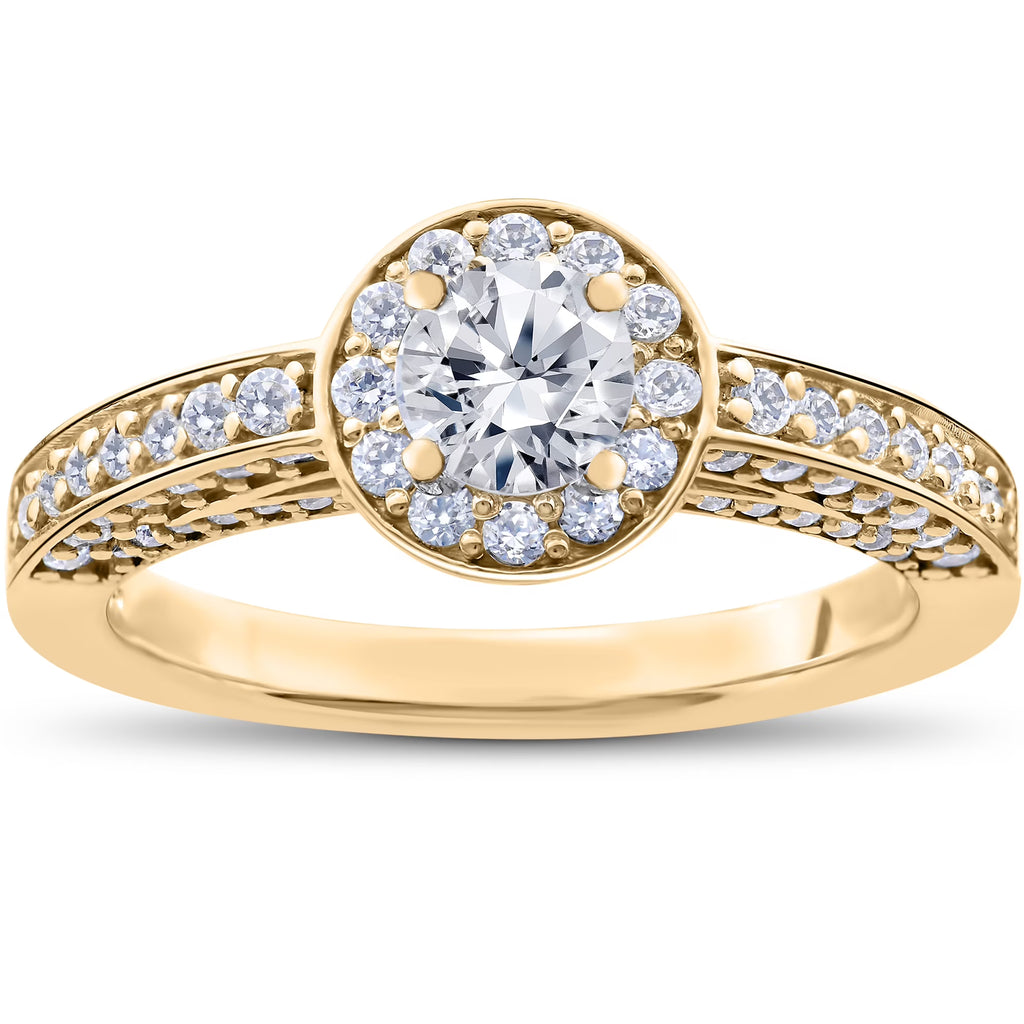 14k Yellow Gold Diamond Halo Solitaire Engagement Ring R771