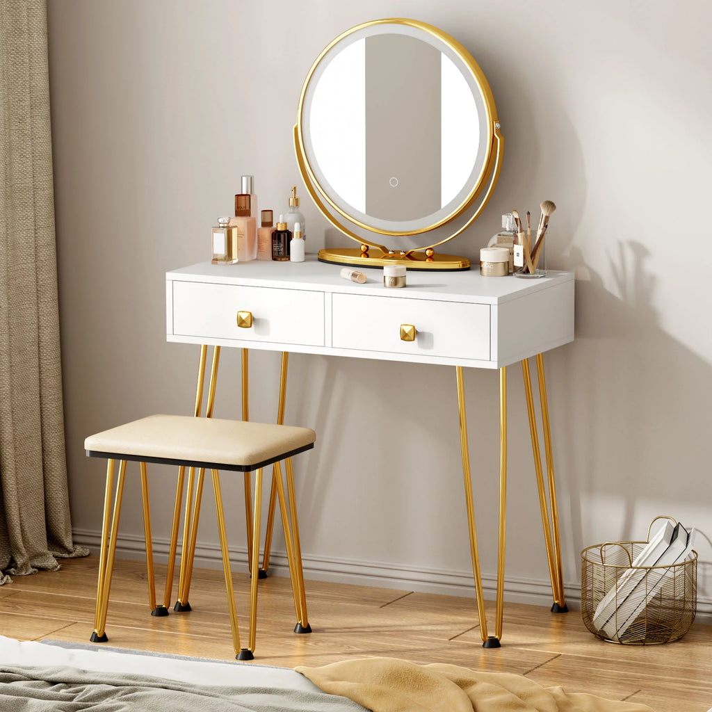 White Vanity Dressing Table with Round Mirror I979359