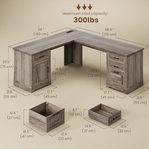 White L Shaped Desk with File Drawer and Power Outlet V234
