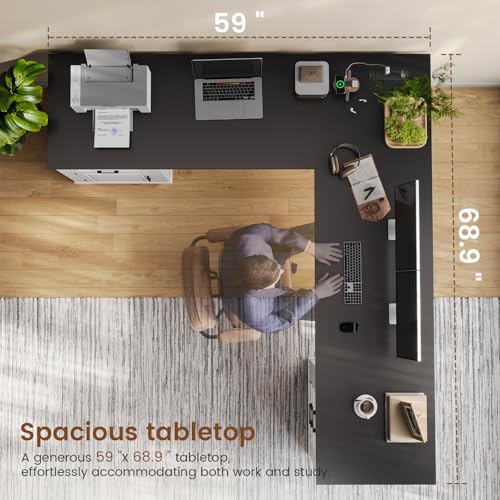 White L Shaped Desk with File Drawer and Power Outlet V234