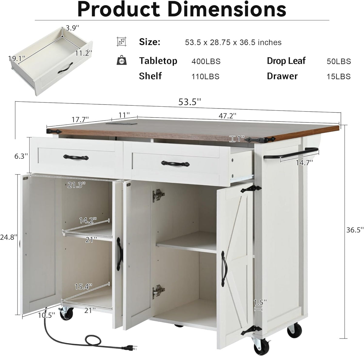 White Kitchen Island with Power Outlet, Drop Leaf and Spice Rack A891