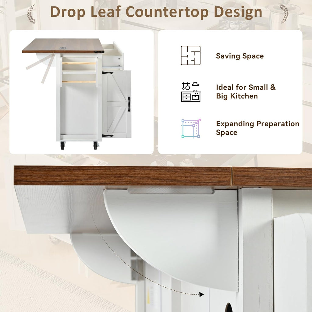 White Kitchen Island with Power Outlet, Drop Leaf and Spice Rack A891