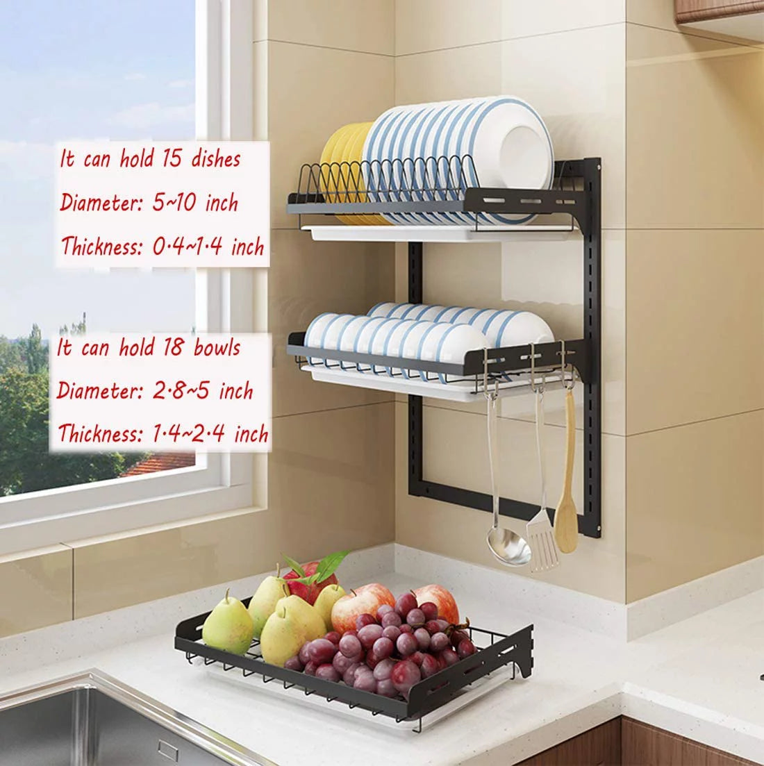 Black Stainless Steel 3 Tier Dish Drying Rack with Drainboard G107