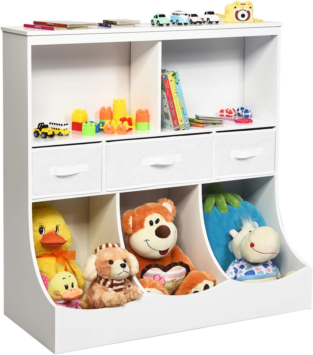 3-Tier Kids Bookcase Storage Organizer Cabinet Shelf with 8 Compartment Box and 3 Removable Drawers (White) B790694